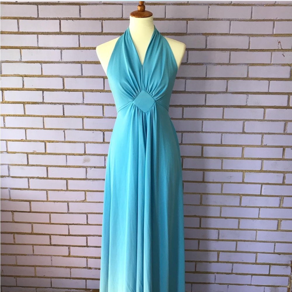 Vintage Elegant Blue Halter Maxi Dress